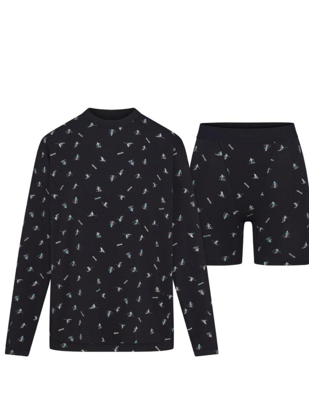 SKIMS Black Ski-Print Long Sleeve Top & Shorts Pajama Set